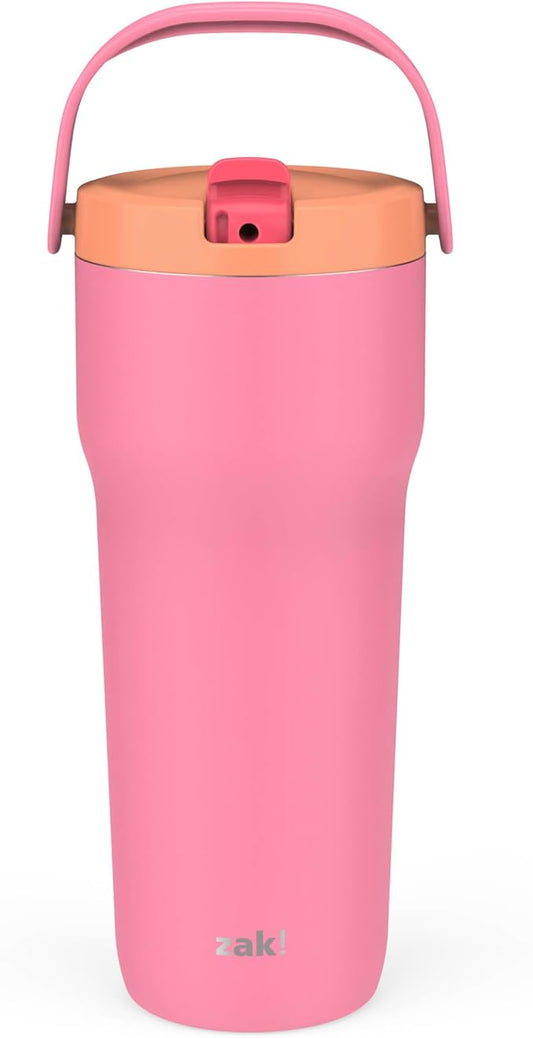 Zak Designs Sutton Travel Tumbler for On the Go, 30oz Stainless Steel with Vacuum Insulation, Straw Spout, Carry Handle for Cold Drinks (So Sweet Pink)