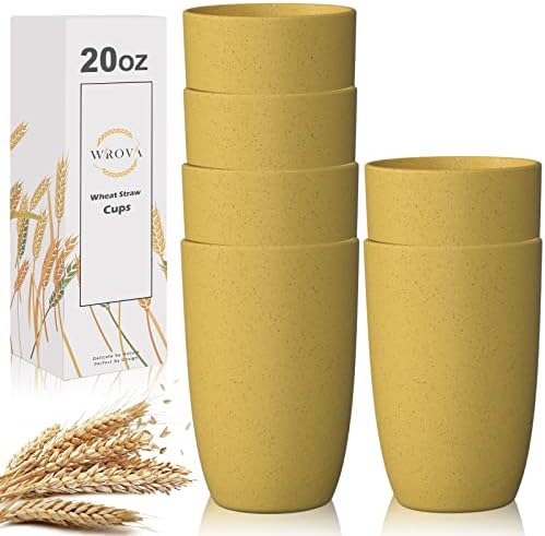 Wrova Wheat Straw Cups 6 PCS Good Alternative to Plastic Reusable Cups 20 oz Unbreakable Drinking Cup Reusable Dishwasher Safe Water Plastic Glasses Yellow Color