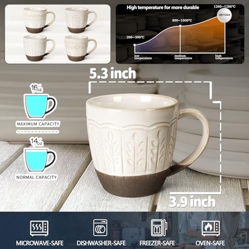 Artena Ceramic Coffee Mugs Set of 4, 16oz Embossed Large Latte Mugs Coffee Cups with Handle for Tea, Latte, Cappuccino & Cocoa, Milk Dishwasher & Microwave Safe, White (Wheat Leaf)