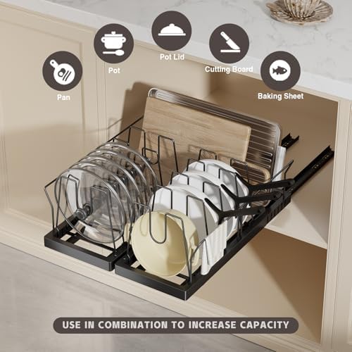 Magheo 2 Pack Pots and Pans Organizer Under Cabinet, 22" Deep Expandable Pull Out Pot Lid Organizer and Storage with 10 Adjustable Dividers No Drill Pot and Pan Holder Rack with Handle Bracket(Black)