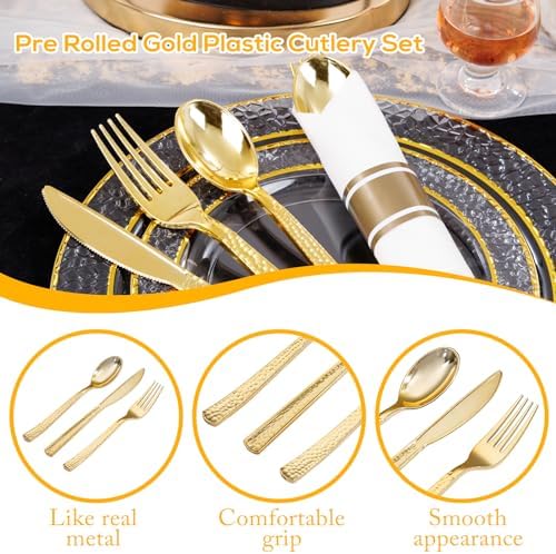 400PCS Gold Wrapped Silverware Set Disposable Hammered for Weddings