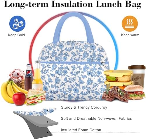 Coobiiya Lunch Bag Lunch Box for Women Men, Reusable Cute Corduroy Lunchbag - Leakproof, Insulated LunchBox Tote with Large Capacity