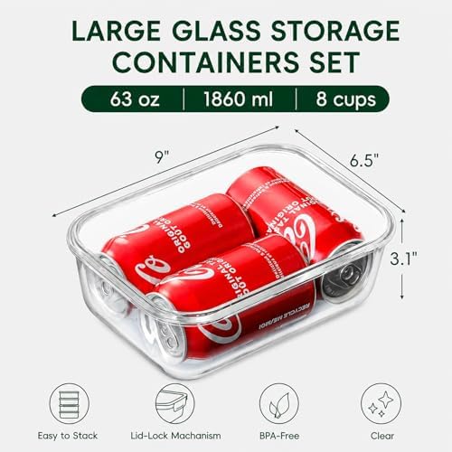 2 Pack 63oz Large Glass Storage Containers with Lids Big Meal Prep Food Container Set for Storing food, vegetables or fruits, BPA Free, Freezer Dishwasher Oven Safe (gray)