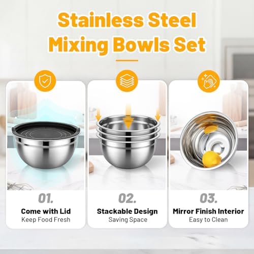 Beasea Mixing Bowls with Lids Set of 3, 1.5 QT Stackable Stainless Steel Mixing Bowls with Black Lids for Baking, Metal Nesting Bowl for Kitchen, Meal Prepping, Cooking and Serving