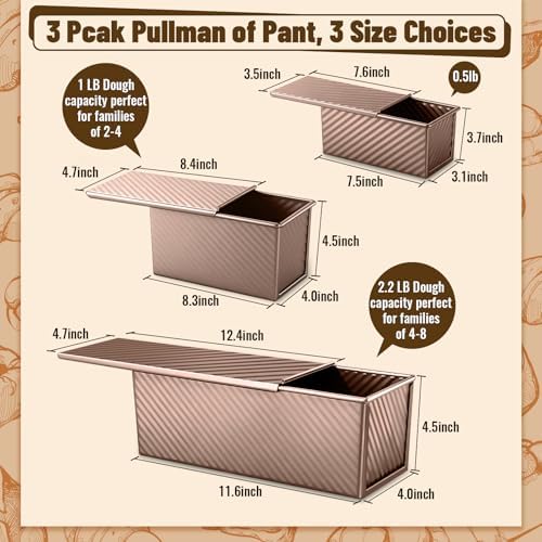 3 Pack Pullman Loaf Pans, Bread Pans with Lids, Golden