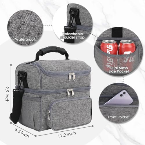 FlowFly Double Layer Cooler Insulated Lunch Bag Adult Lunch Box Large Tote Bag for Men, Women, With Adjustable Strap,Front Pocket and Dual Large Mesh Side Pockets