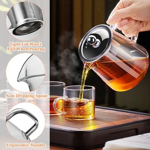 Glass Teapot with Stainless Steel Infuser, Borosilicate Tea Kettle, Clear Tea Maker for Loose Leaf Tea (950ML)