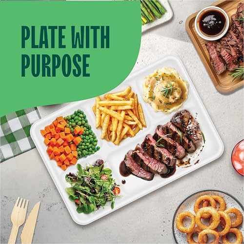 100% Compostable, Large 5 Compartment, Disposable Tray [100-Pack] - [12.5 Inch] Heavy Duty Biodegradable Bagasse Sectional Lunch Trays + Dividers - Divided Platter - (PFAS Free) (BPA Certified)
