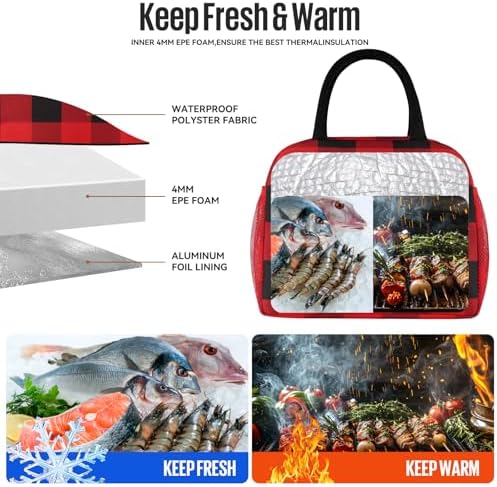 douyadady Lunch Bag Women/Men Lunch Box Women/Men (Red+Black Blocks)