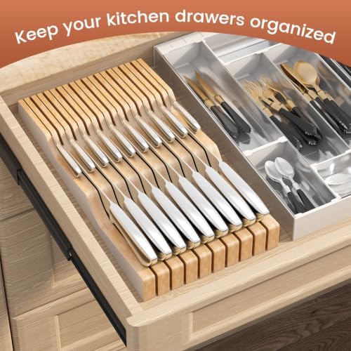 In-Drawer Knife Block Organizer - Bamboo Wood Drawer Knife Organizer-Protecting Knife Organizer Block (Not Included) (White, 19 Knives Dock)