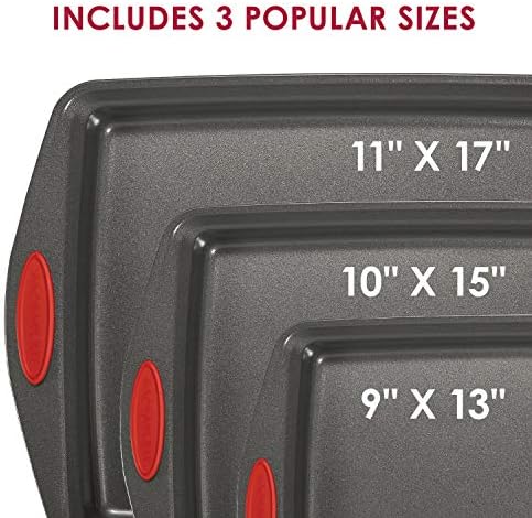 Rachael Ray Bakeware Nonstick Cookie Pan Set, 3-Piece, Gray with Red Grips