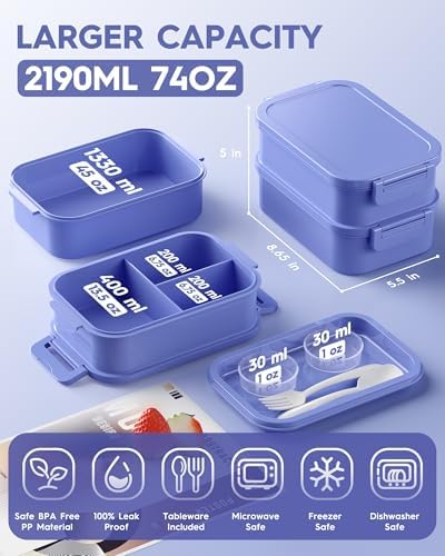 KEMETHY Adults Bento Lunch Box Set with Thermo Bag, 74oz Stackable Leak-proof 3-tiers Bento Box, Built-in Utensil and Sauce Container for Work, School, Dining Out (Purple)