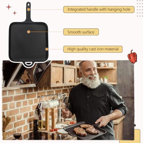 12 Inch Cast Iron Square Griddle, Seasoned Skillets with Ring Handle, Heat Resistant Griddle for Pancakes, Eggs, Steak, Durable Griddles for Stove Top Oven Safe for Kitchen Cooking