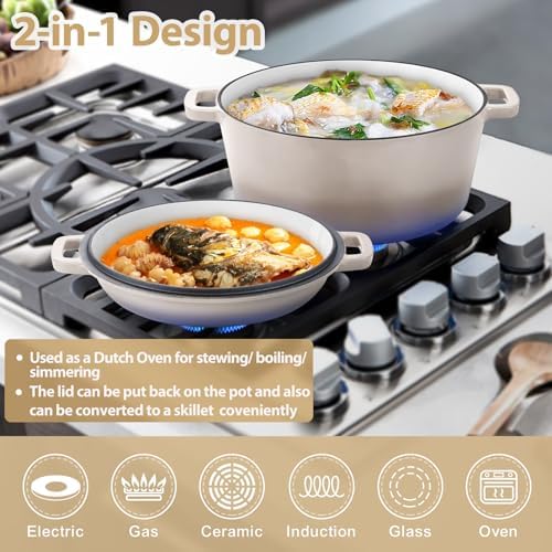 TeamFar 5qt Dutch Oven, Pre-seasoned Cast Iron for Bread Baking, Khaki