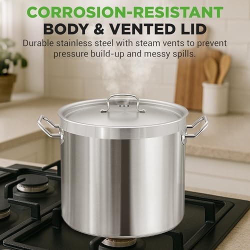 Stainless Steel Cookware Stockpot, 30 Quart Heavy Duty Induction Soup Pot With Stainless Steel Lid And Strong Riveted Handles, Even Heat Distribution, Compatible With Most Cooktops