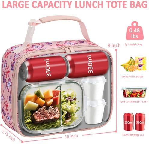Tenot Lunch Box Kids Insulated Lunch Tote Bag Pink Butterfly