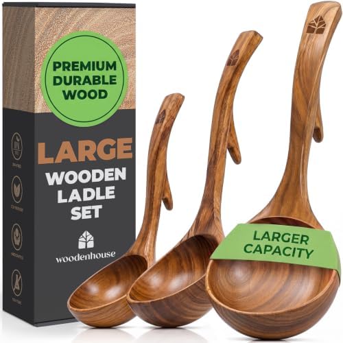 Wooden Ladle for Soup, 3 Large Size Teak Wood Ladle Spoon Set