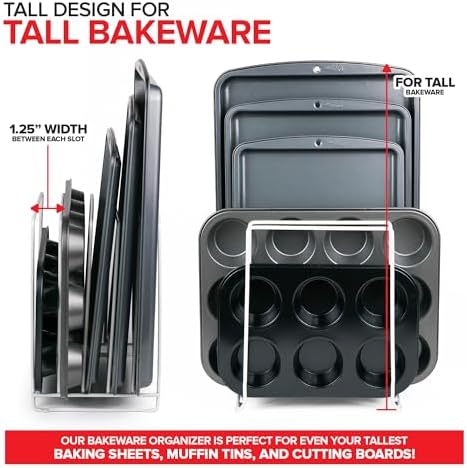 Stock Your Home White (2 Pack) Extra Tall Steel Baking Pan Organizer Rack for Cabinet Storage or Kitchen Counter, Cookie Baking Sheet Organizer with Dividers, Muffin Tin and Cutting Board Holder