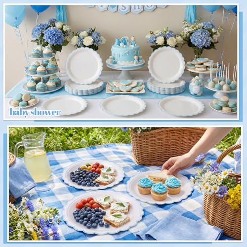 NatNarr 30 Pcs Light Blue Plates 9" Scalloped Blue and White Dessert Plates