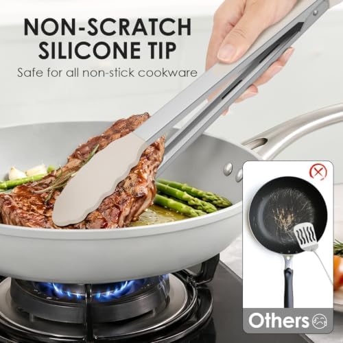 HOTEC Stainless Steel Kitchen Tongs with Silicone Tips, Set of 2-9" and 12"