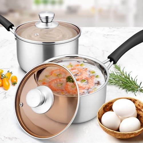 Herogo Saucepan Set with Lid, 1 Quart & 2 Quarts & 3 Quarts 18/10 Stainless Steel Sauce Pan Pot, Small Cooking Pot for Home Kitchen, Dishwasher Safe