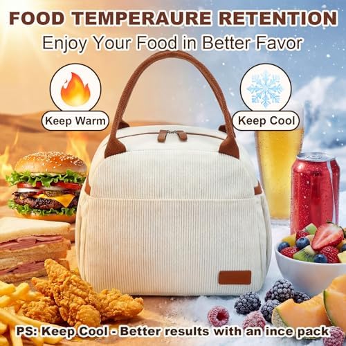 LEDAOU Lunch Box for Women Insulated Lunch Bag Corduroy Lunch Tote Bags Leakproof Cooler Lunch Case for Travel Work Picnic (Corduroy beige)