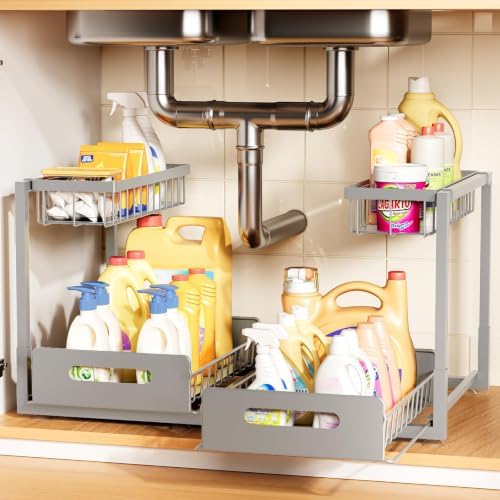 Under Kitchen Sink Organizer, Metal Pull Out Bathroom Organizers and Storage, 2-Tier Cabinet Organizer Shelf with Sliding Drawer, Home Organization for Kitchen, Laundry, Pantry, Light Grey, 2 pack