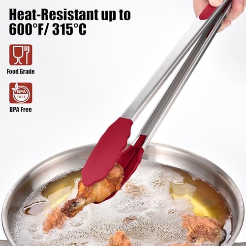 Doosu Kitchen Tongs with Silicone Tips for Cooking Serving (16in, Red)