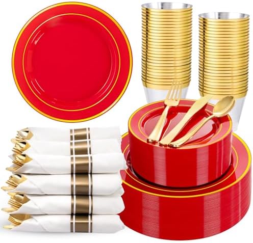 WDF Partyware 350Pieces Red Plastic Plates with Gold Rim Include 50Dinner Plate 10inch 50Dessert Plate 7inch 50 gold Cups 9 OZ, 50 Pre Rolled Napkins for Wedding/Birthday/Christmas/Party