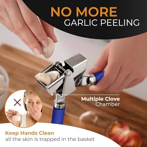 ORBLUE Garlic Press and Peeler Set, Stainless Steel - Professional Grade Mincer, Crusher - Dishwasher Safe & Rust-proof, Blue