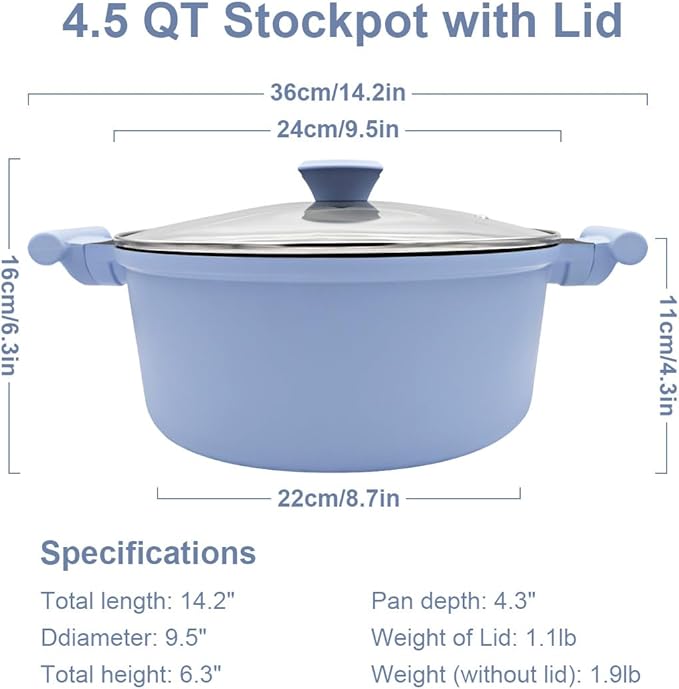 4.5 Quart Stock Pot with Lid, Non Stick Cooking Pot, Soup Pot Nonstick with Stay-Cool Handle, Induction Cookware for Pasta,Soup, Suitable for All Stoves, PTFE & PFAS-Free, Blue