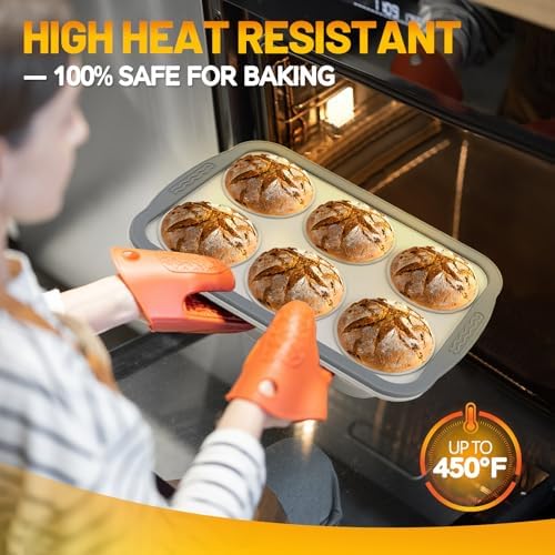 Silicone Muffin Pan, 6 Cups Non-Stick Cupcake Pan, Food-Grade BPA-Free Muffin Tin, Oven-Safe 450 °F, Reinforced Steel Frame, Easy-Grab Handles, Quick-Release 2.7" Baking Molds for Mini Treats
