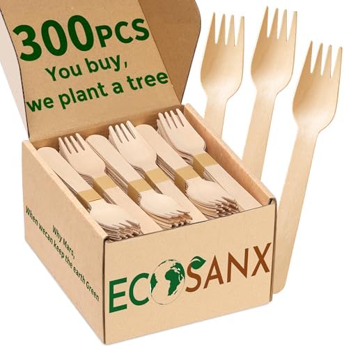 ECOSANX® 300 PCs Wooden forks for eating 6.3" Splinter Free Compostable Forks, Eco-Friendly Wooden Cutlery for Party & Outdoor, Disposable forks for Camping, Events & More