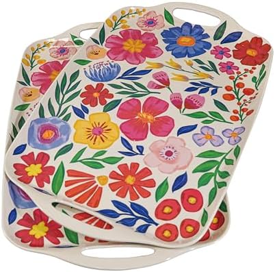 TP Large Melamine Serving Trays with Handles, 19" x 12", Set of 2, Floral