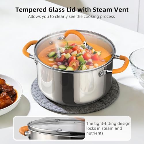 Ciwete Stainless Steel Stock Pot, 5.2 Quart Soup Pot with Lid, Heavy-Duty Thick Bottom Induction Cooking Pot for Pasta, Stew & Simmering, Even Heating, Compatible with All Cooktops, Dishwasher Safe
