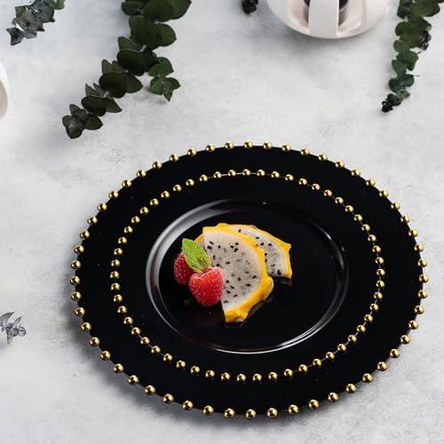 PLASTICPRO 64 Piece Combo Plastic Dinner Plates Disposable Plastic Fancy Heavy Duty Party Dishes 7 inch and 10 inch, Black and Gold Beaded