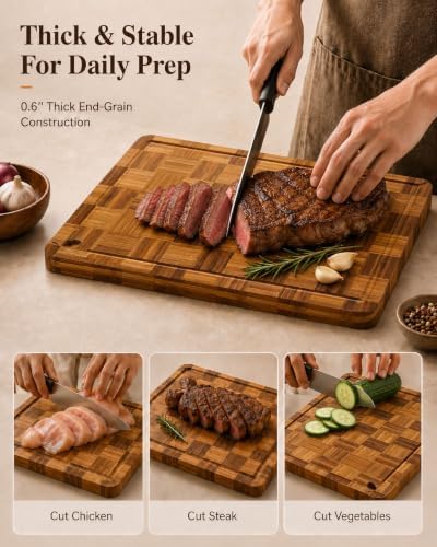 Checkered Cutting Board Set, Set of 3 Deep Carbonized Bamboo Cutting Boards with Holder for Kitchen, Butcher Block Style Chopping Boards for Serving, Charcuterie, Meat, Fruit and Meal Prep