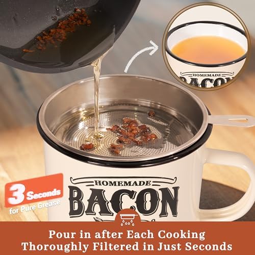 Ayerphalo 24oz Enamel Bacon Grease Container with Strainer, Farmhouse Beige