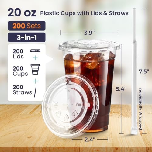 Fit Meal Prep 200 Pack 20 oz Plastic Iced Coffee Cups with Flat Lids and Clear Straws, Disposable Clear Cup, BPA Free Cup for Party, Smoothie, Cold Drinks, Juice, Milkshake, Bubble Boba, Tea