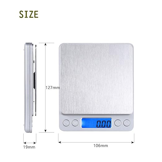Small Digital Scale,3kg/0.1g,6.6lb,Kitchen Scale,Food Scale,with Blue Backlit LCD Display, 6 Units, Auto Off, Tare, PCS Function, Stainless Steel, Battery Included,Soft Tape Included(150cm)