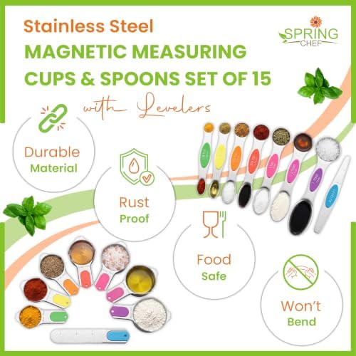 Spring Chef Magnetic Measuring Cups & Spoons Set of 15 with Levelers, Neon