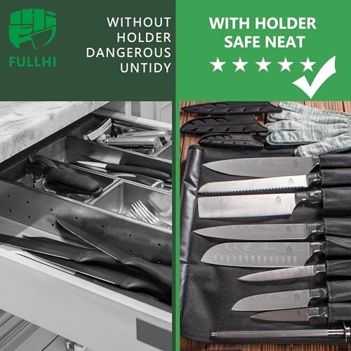 FULLHI 15pcs Japanese Knife Set with Magnetic Knife Block Holder, Japan Stainless Steel Blades, Black Resin Ergonomic Handles for Professional and Home Cooking