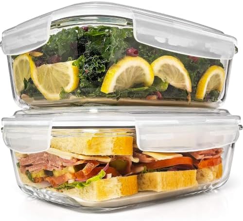 Razab 6.5 Cups / 52 Oz 4 Piece (2 Containers + 2 Lids) Glass Food Storage Containers Set with Airtight Locking Lids - For Storing, Baking & Serving BPA Free, Leakproof - Microwave, Freezer & Oven Safe