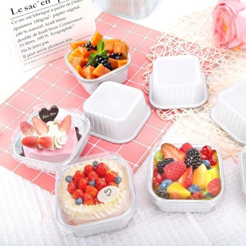 30Pack 5oz White Mini Cake Pans with Lids, Spoons and Stickers Baking Cups Aluminum Foil Pans Tins, Individual Dessert Cups Containers for Sales,Party,Picnics