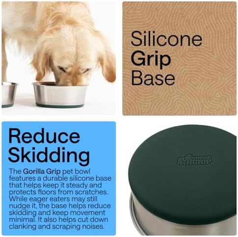 GORILLA GRIP Dog Bowls, Food Grade Stainless Steel, Set of 2, 2 Cup, Green