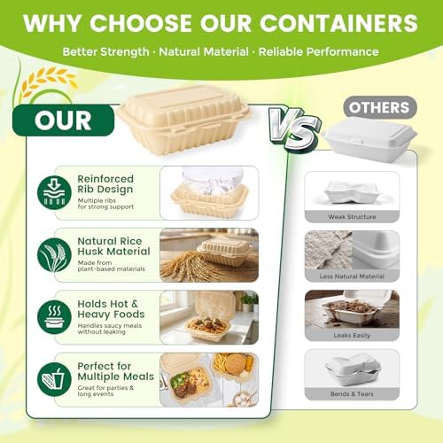 Clamshell Food Containers with Lids, 50 Pack-28oz Take Out Boxes Disposable Meal Prep Containers Natural Rice Husk Material Durable To Go Containers for Pasta Salad Sandwich Microwave Freezer Safe
