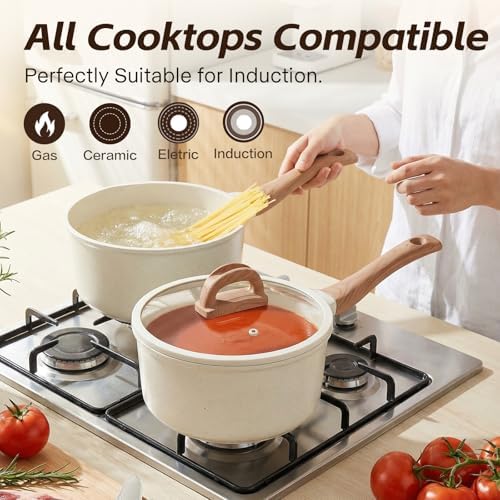 Ceramic Nonstick Saucepan with Lid, 2.0 QT Small Non Stick Stock Pot with Stay-cool Handle, Induction Compatible Cooking Pot White Granite Coating Easy to Clean Kitchen Cookware