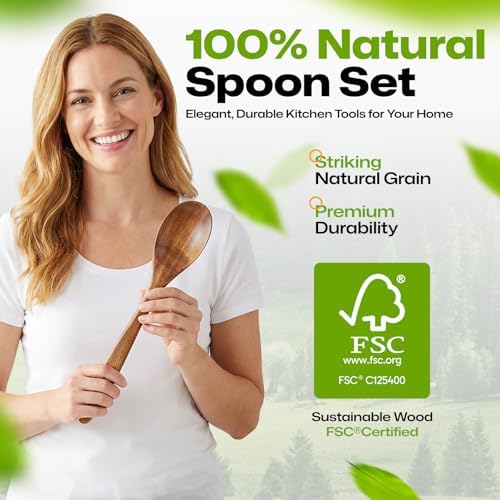 AIUHI Wooden Cooking Spoon, Kitchen Essential Wooden Spoon for Cooking, Extended Handle Teak Wood Serving Spoon for Mixing, Baking, Serving and Stirring