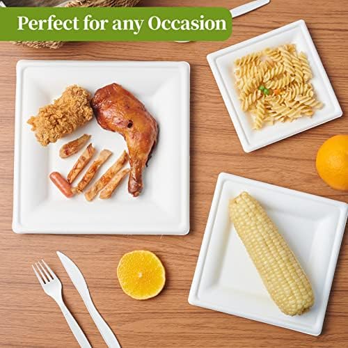 ECOLipak 150 Piecs Compostable Square Paper Plates, 8 inch, White