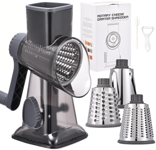 Rotary Cheese Grater with Handle Kitchen Shredder Slicer Grater Slicer Ice Shaver Cheese Vegetable Nuts Potato Zucchini Chocolate 3 Interchangeable Blades (Grey TSP)